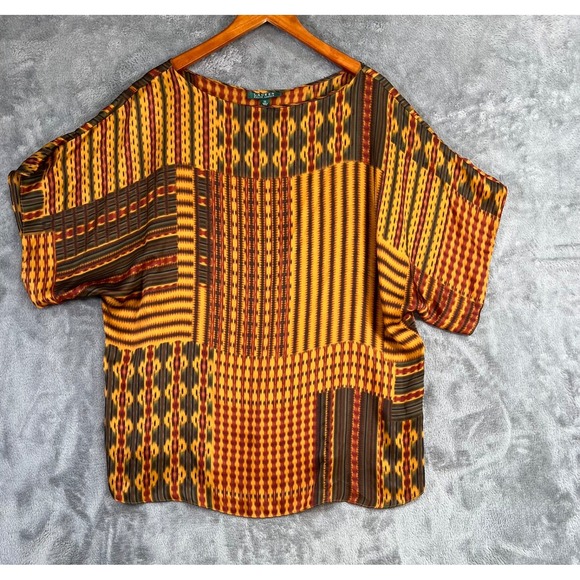 Lauren Ralph Lauren Tops - Lauren Ralph Lauren Silk Tunic Top 1X Orange Patchwork Kente Inspired Blouse
